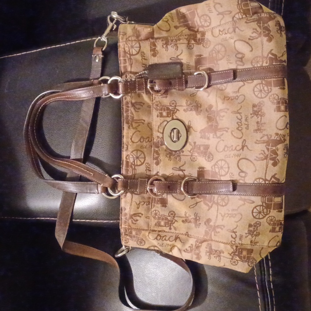 Coach brown canvas shoulder handbag purse  leather straps  hangtag Vintage